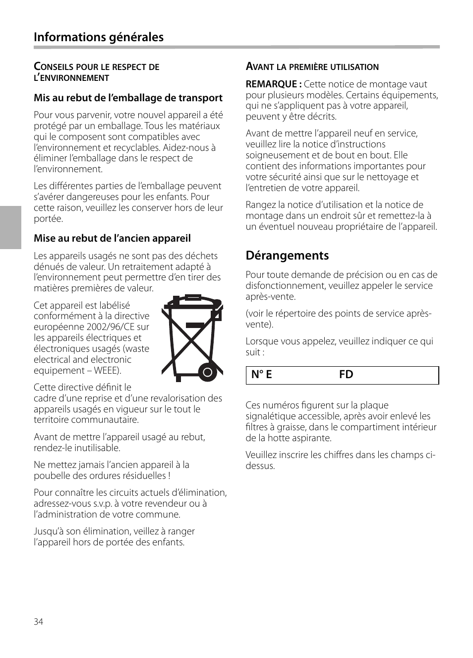 Dérangements, Informations générales | Bosch DWB129950 Diseño Box EAN 4242002490267 Ancho 120 cm User Manual | Page 34 / 108