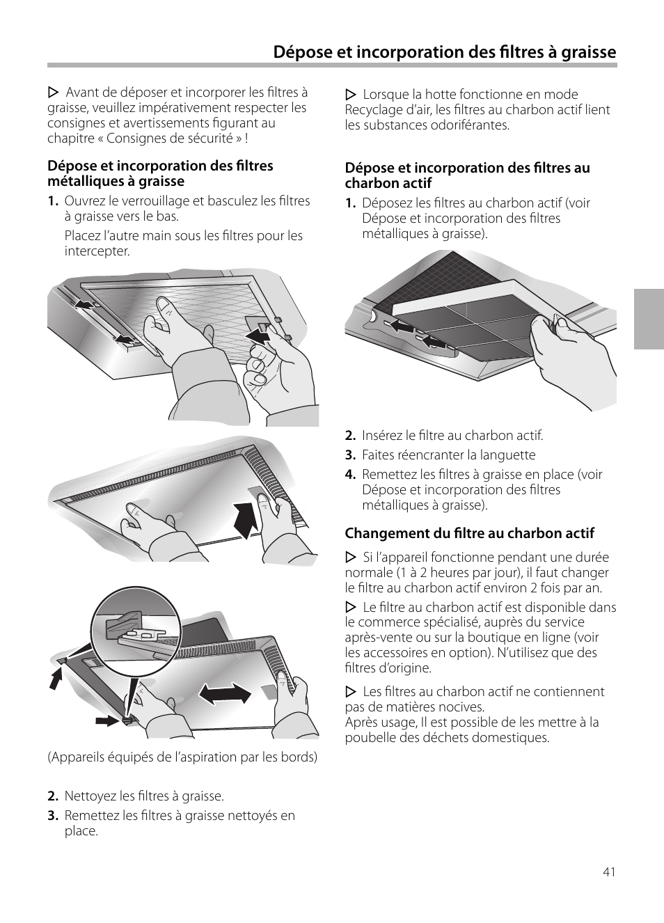 Dépose et incorporation des filtres à graisse | Bosch DWB129950 Diseño Box EAN 4242002490267 Ancho 120 cm User Manual | Page 41 / 108