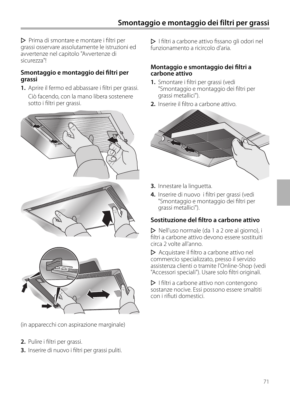 Smontaggio e montaggio dei filtri per grassi | Bosch DWB129950 Diseño Box EAN 4242002490267 Ancho 120 cm User Manual | Page 71 / 108