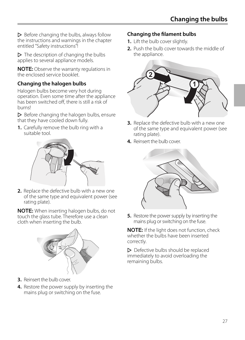 Changing the bulbs | Bosch DIB099950 Diseño Box EAN 4242002494395 Ancho 90 cm User Manual | Page 27 / 108