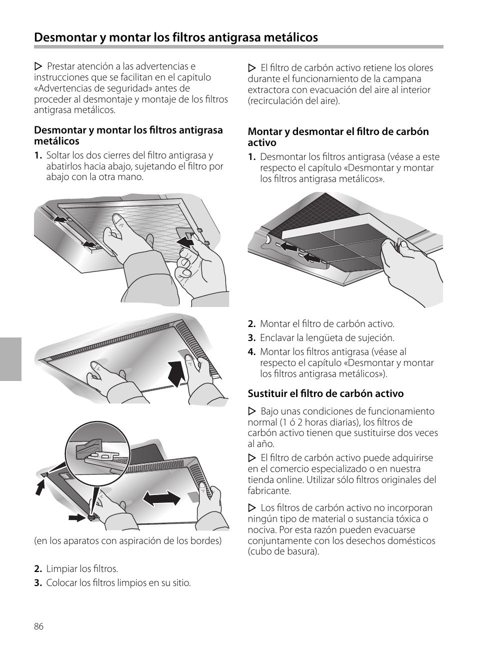 Desmontar y montar los filtros antigrasa metálicos | Bosch DIB099950 Diseño Box EAN 4242002494395 Ancho 90 cm User Manual | Page 86 / 108