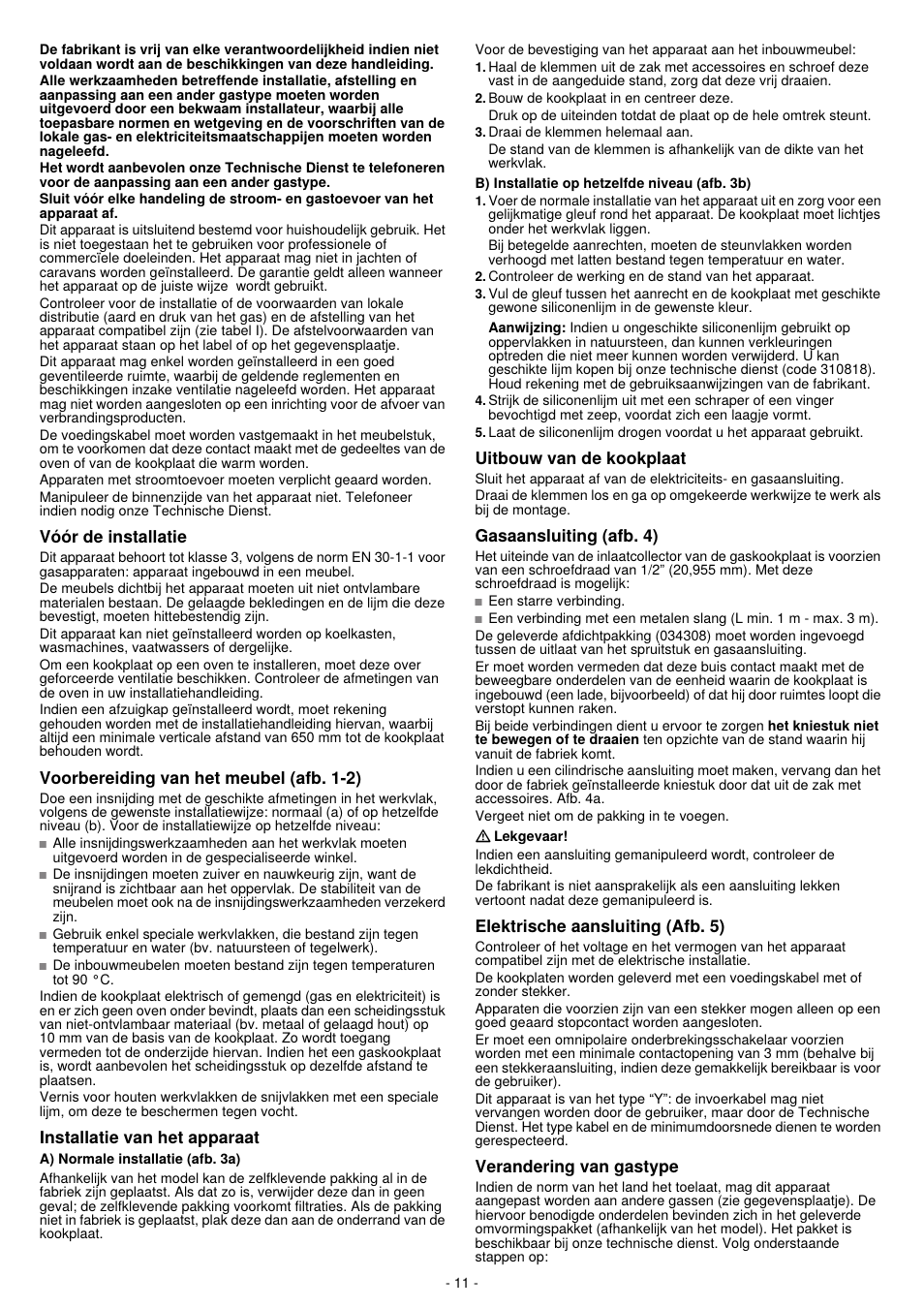 Voor de installatie, Voorbereiding van het meubel (afb. 1-2), Installatie van het apparaat | Uitbouw van de kookplaat, Gasaansluiting (afb. 4), Elektrische aansluiting (afb. 5), Verandering van gastype | Bosch PPQ718B91E User Manual | Page 11 / 20
