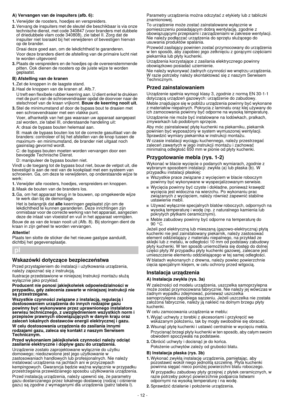 Wskazówki dotyczqce bezpieczehstwa, Przed zainstalowaniem, Przygotowanie mebla (rys. 1-2) | Instalacja urzqdzenia | Bosch PPQ718B91E User Manual | Page 12 / 20