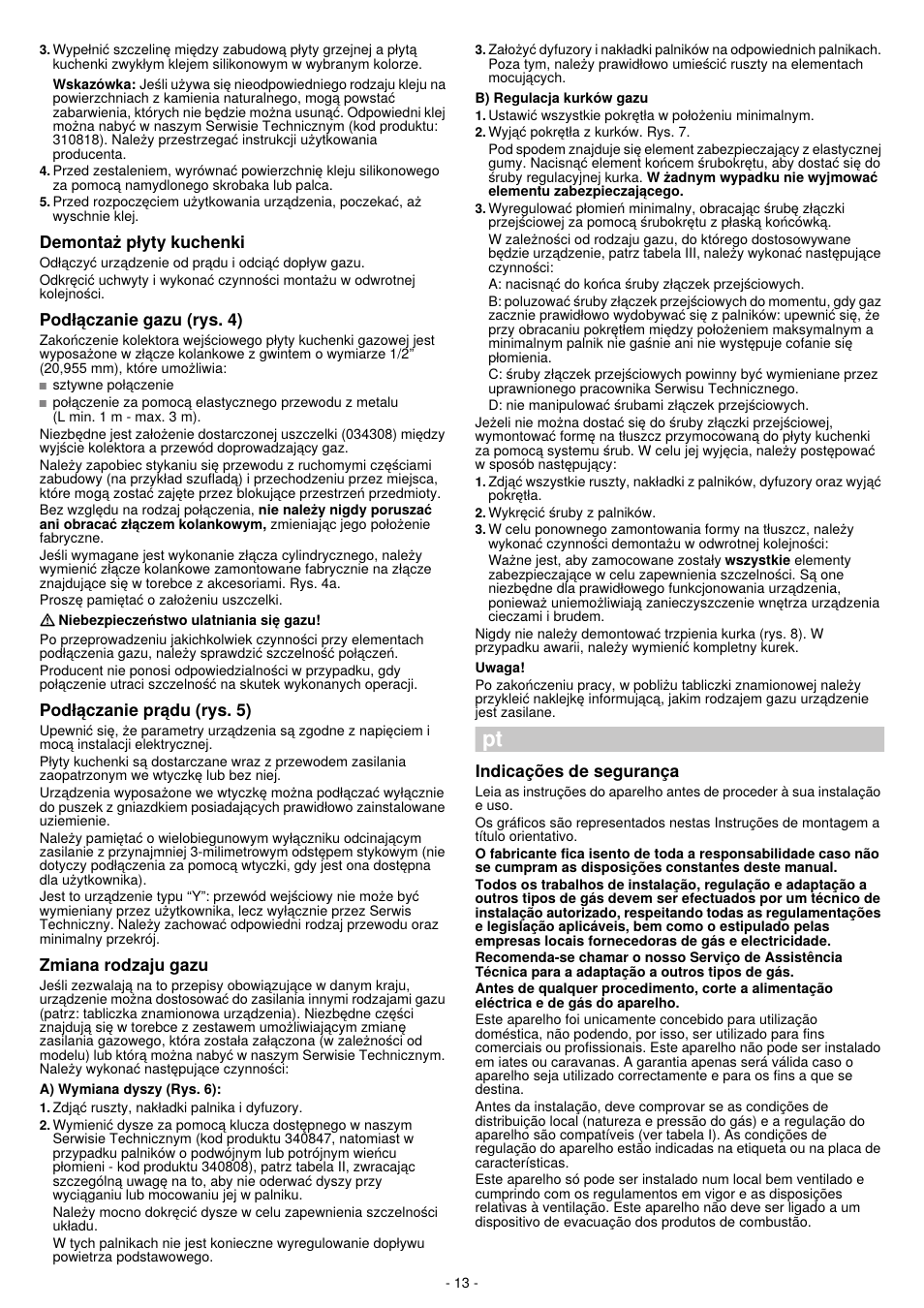 Demontaz ptyty kuchenki, Podtqczanie gazu (rys. 4), Podtqczanie prqdu (rys. 5) | Zmiana rodzaju gazu, Indicagoes de seguranga | Bosch PPQ718B91E User Manual | Page 13 / 20