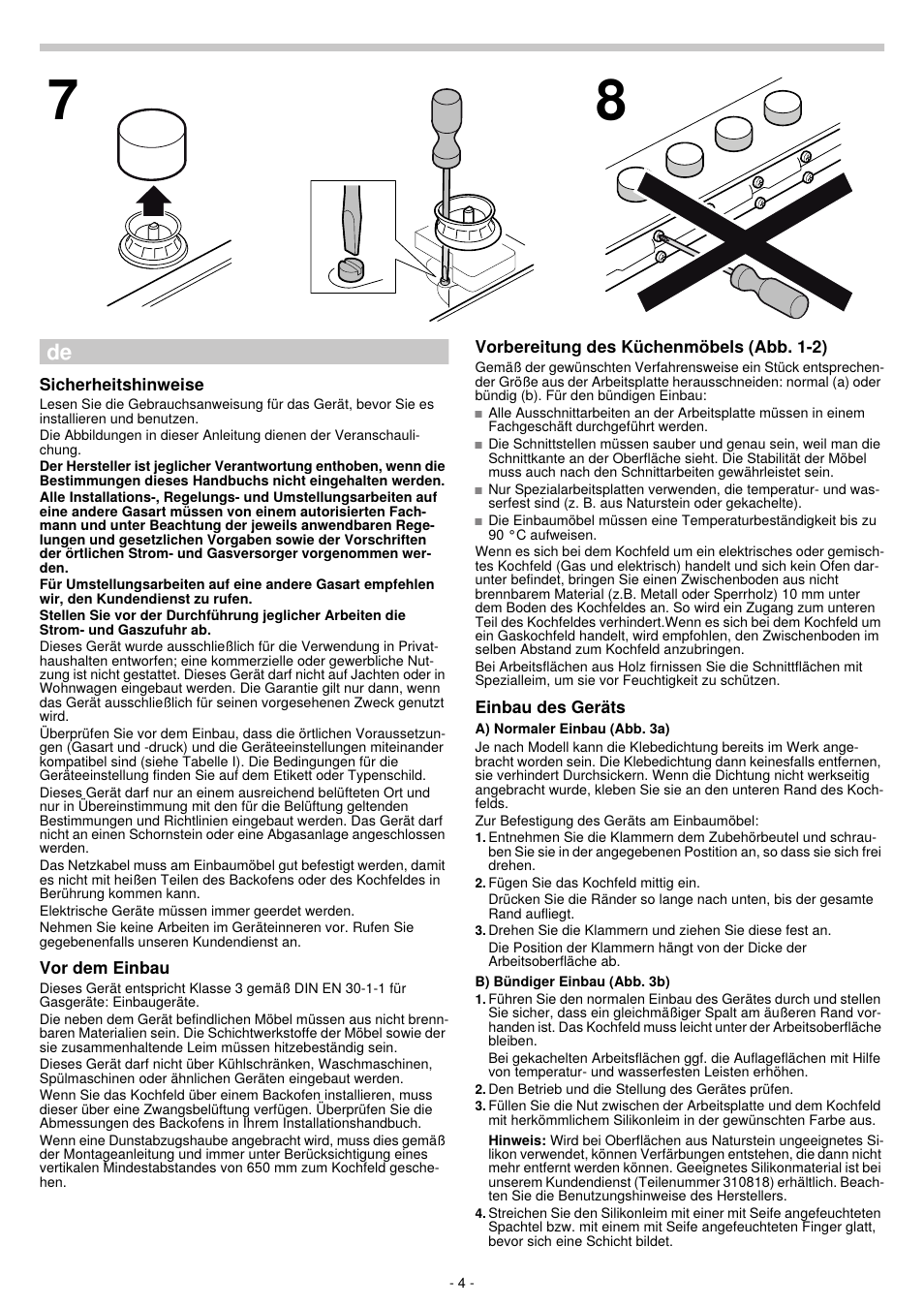 Sicherheitshinweise, Vor dem einbau, Vorbereitung des küchenmöbels (abb. 1-2) | Einbau des geräts | Bosch PPQ718B91E User Manual | Page 4 / 20