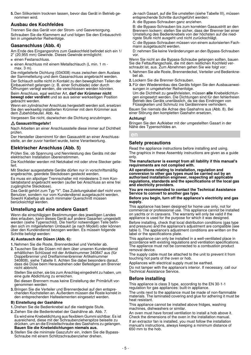 Ausbau des kochfeldes, Gasanschluss (abb. 4), Elektrischer anschluss (abb. 5) | Umstellung auf eine andere gasart, Safety precautions, Before installing | Bosch PPQ718B91E User Manual | Page 5 / 20