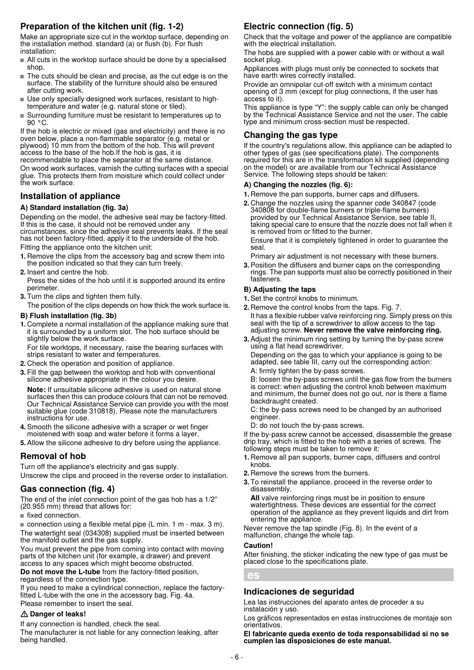 Preparation of the kitchen unit (fig. 1-2), Installation of appliance, Removal of hob | Gas connection (fig. 4), Electric connection (fig. 5), Changing the gas type, Indicaciones de seguridad | Bosch PPQ718B91E User Manual | Page 6 / 20