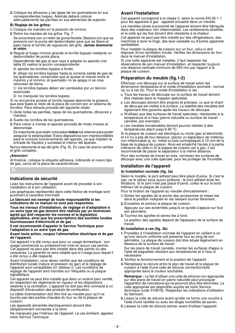 Indications de sécurité, Avant l'installation, Préparation du meuble (fig.1-2) | Installation de l'appareil | Bosch PPQ718B91E User Manual | Page 8 / 20