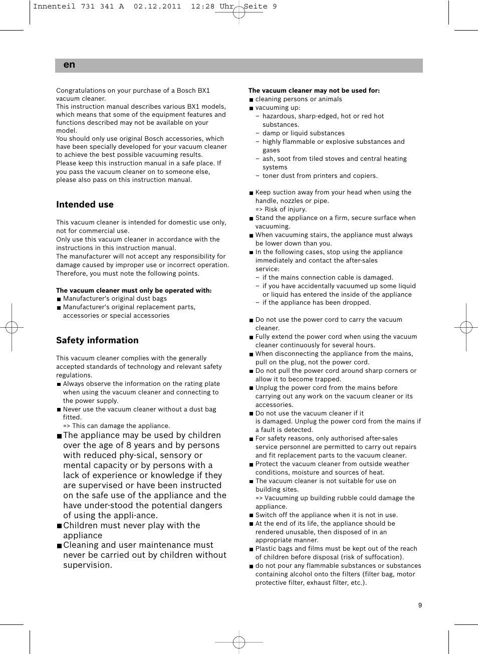 Intended use, Safety information | Bosch BX12222 Aspiradores sin bolsa BX1 parquet 2200 W EAN 4242002688992 User Manual | Page 10 / 142