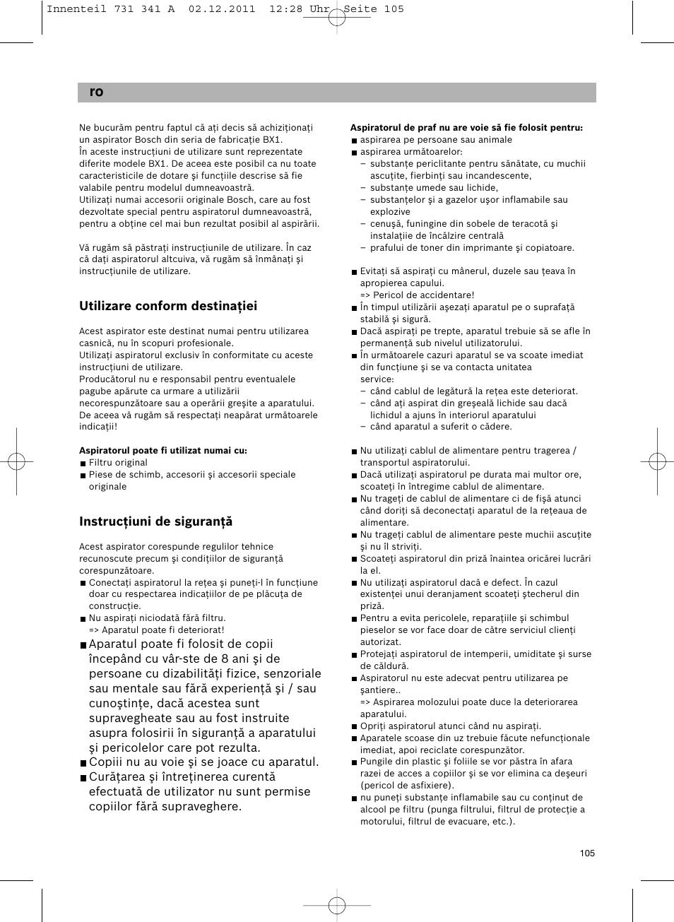 Utilizare conform destinaţiei, Instrucţiuni de siguranţă | Bosch BX12222 Aspiradores sin bolsa BX1 parquet 2200 W EAN 4242002688992 User Manual | Page 106 / 142