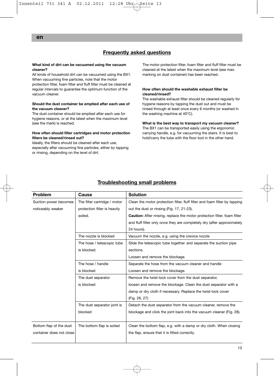 Frequently asked questions, Troubleshooting small problems | Bosch BX12222 Aspiradores sin bolsa BX1 parquet 2200 W EAN 4242002688992 User Manual | Page 14 / 142