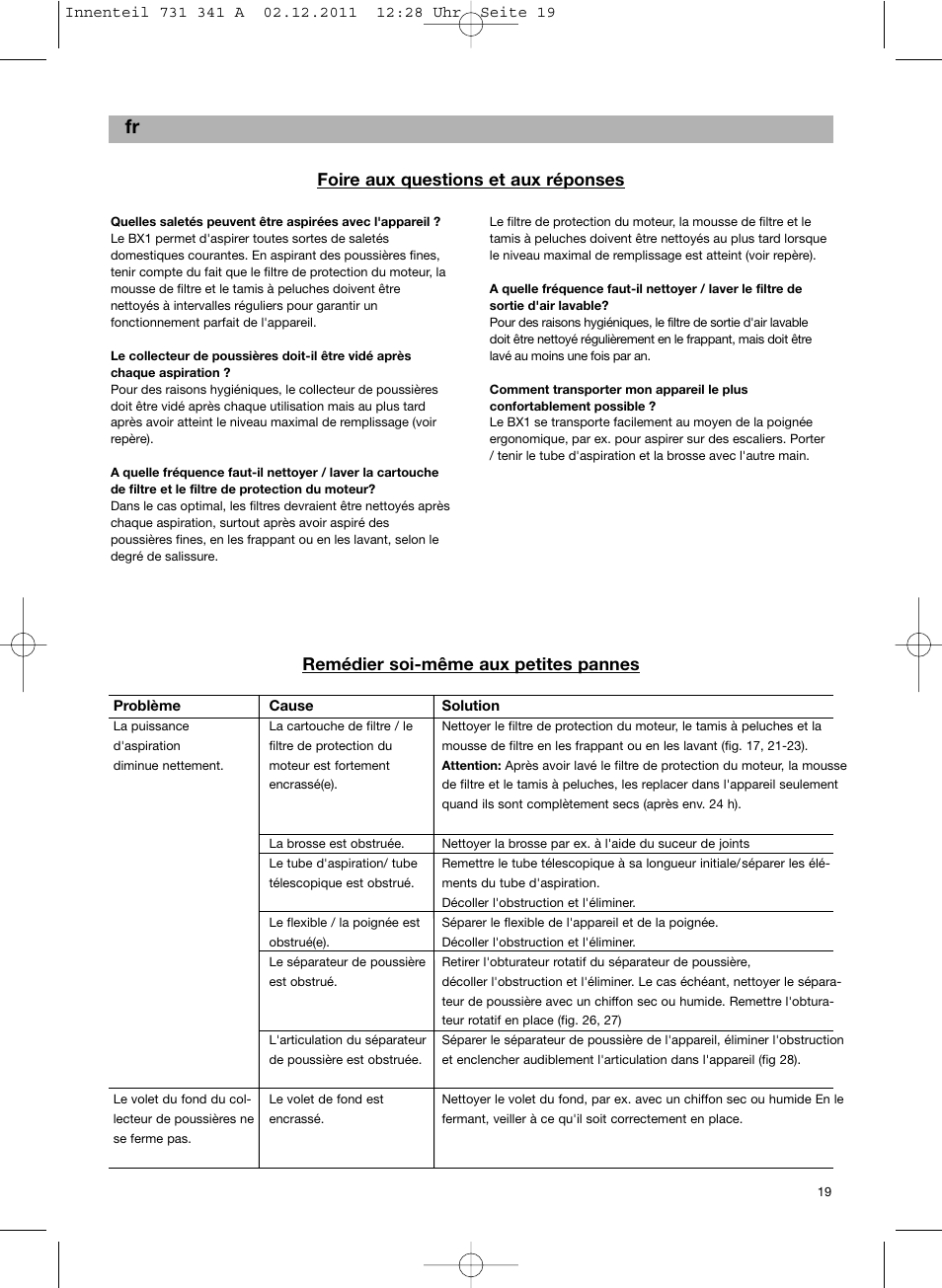 Foire aux questions et aux réponses, Remédier soi-même aux petites pannes | Bosch BX12222 Aspiradores sin bolsa BX1 parquet 2200 W EAN 4242002688992 User Manual | Page 20 / 142