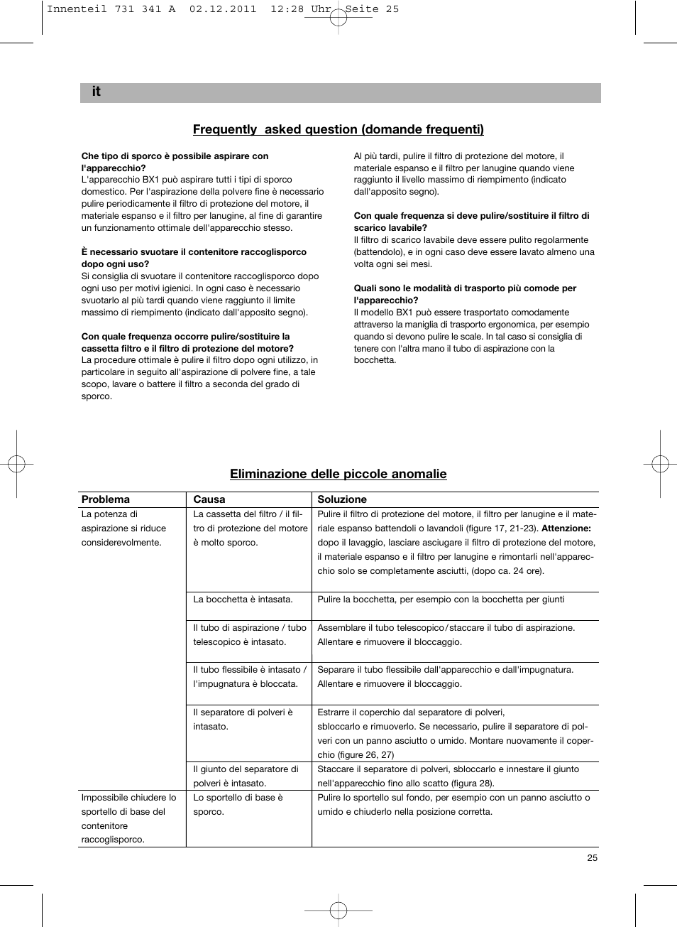 Frequently asked question (domande frequenti), Eliminazione delle piccole anomalie | Bosch BX12222 Aspiradores sin bolsa BX1 parquet 2200 W EAN 4242002688992 User Manual | Page 26 / 142