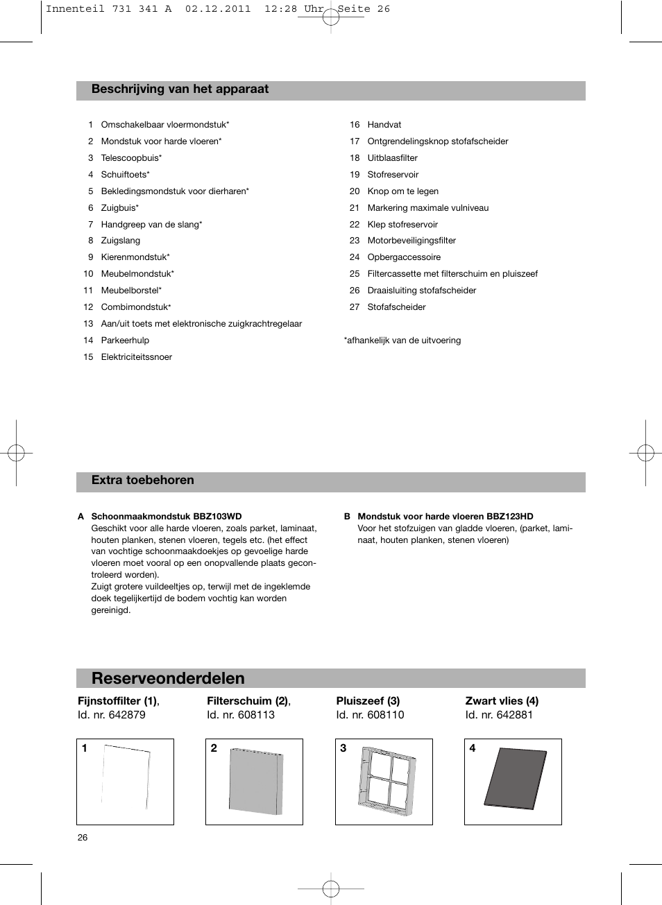 Reserveonderdelen, Extra toebehoren, Beschrijving van het apparaat | Bosch BX12222 Aspiradores sin bolsa BX1 parquet 2200 W EAN 4242002688992 User Manual | Page 27 / 142