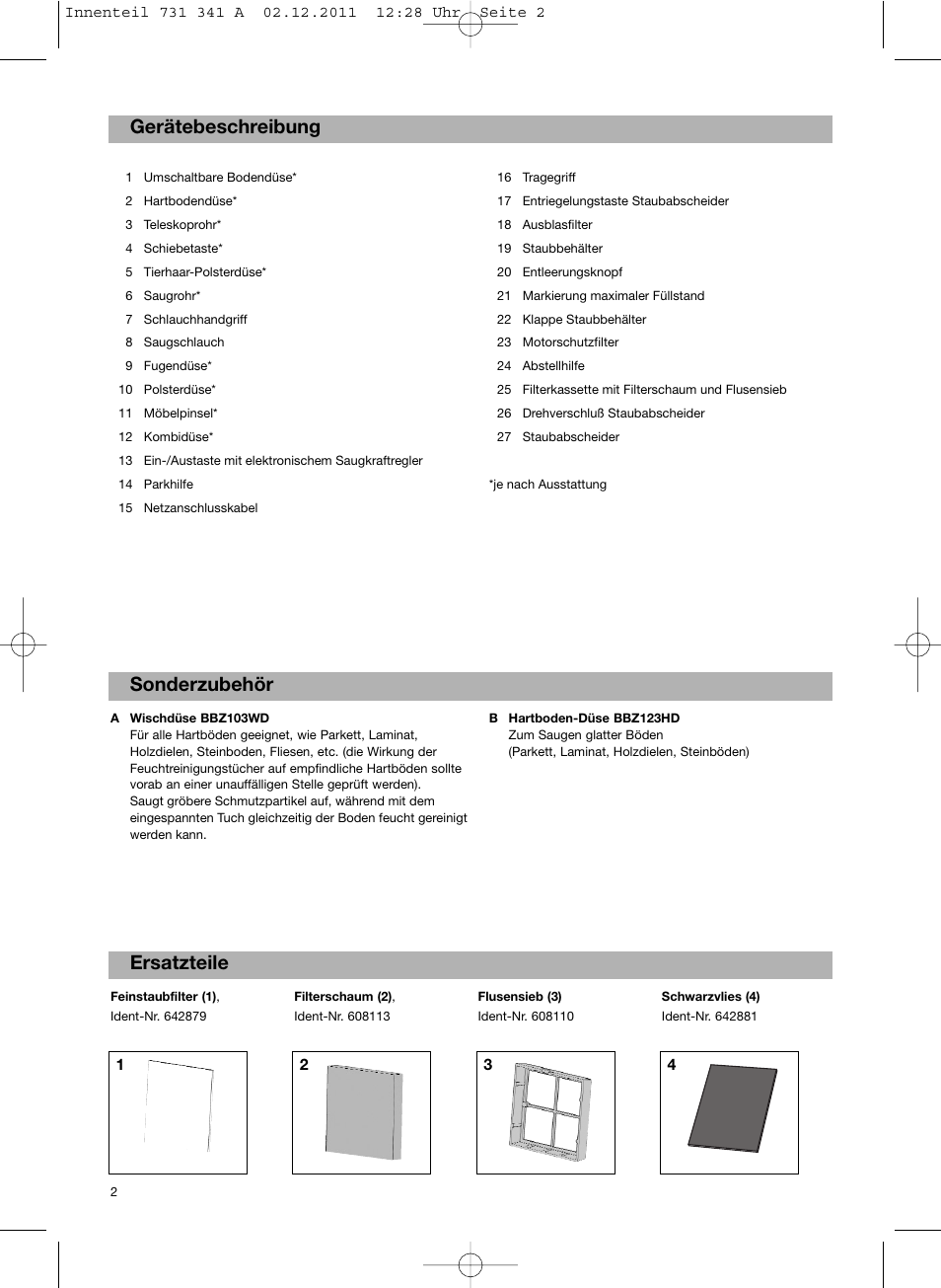 Sonderzubehör ersatzteile gerätebeschreibung | Bosch BX12222 Aspiradores sin bolsa BX1 parquet 2200 W EAN 4242002688992 User Manual | Page 3 / 142