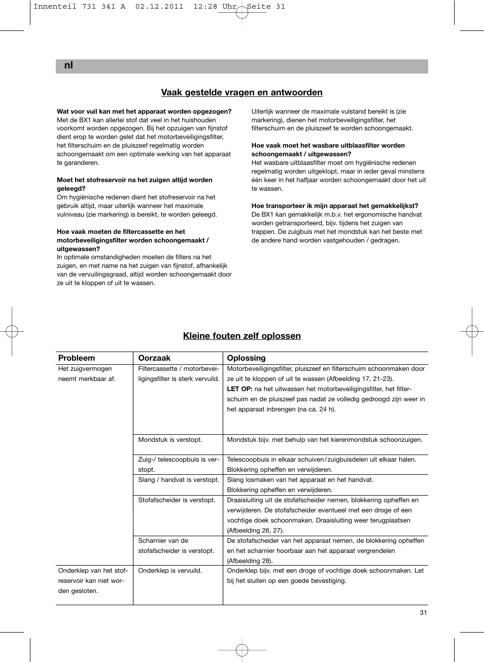 Vaak gestelde vragen en antwoorden, Kleine fouten zelf oplossen | Bosch BX12222 Aspiradores sin bolsa BX1 parquet 2200 W EAN 4242002688992 User Manual | Page 32 / 142