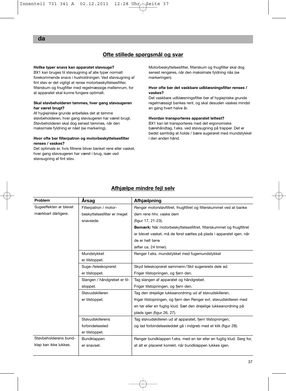 Ofte stillede spørgsmål og svar, Afhjælpe mindre fejl selv | Bosch BX12222 Aspiradores sin bolsa BX1 parquet 2200 W EAN 4242002688992 User Manual | Page 38 / 142