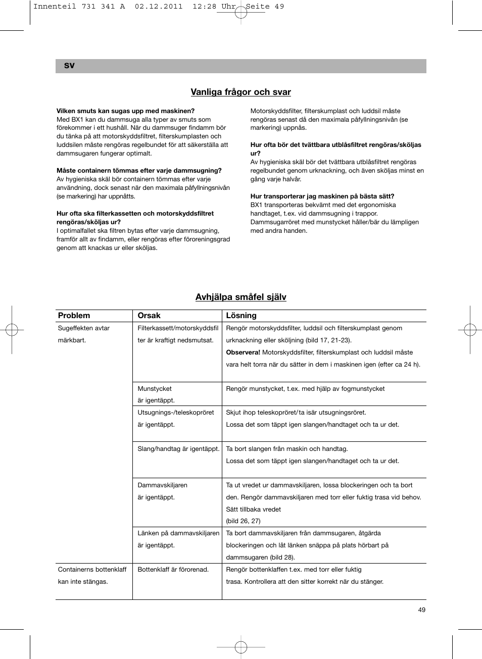 Vanliga frågor och svar, Avhjälpa småfel själv | Bosch BX12222 Aspiradores sin bolsa BX1 parquet 2200 W EAN 4242002688992 User Manual | Page 50 / 142