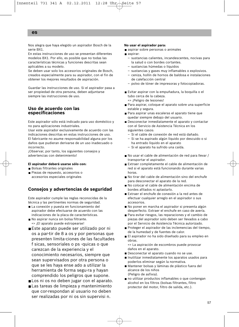 Uso de acuerdo con las especificaciones, Consejos y advertencias de seguridad | Bosch BX12222 Aspiradores sin bolsa BX1 parquet 2200 W EAN 4242002688992 User Manual | Page 58 / 142