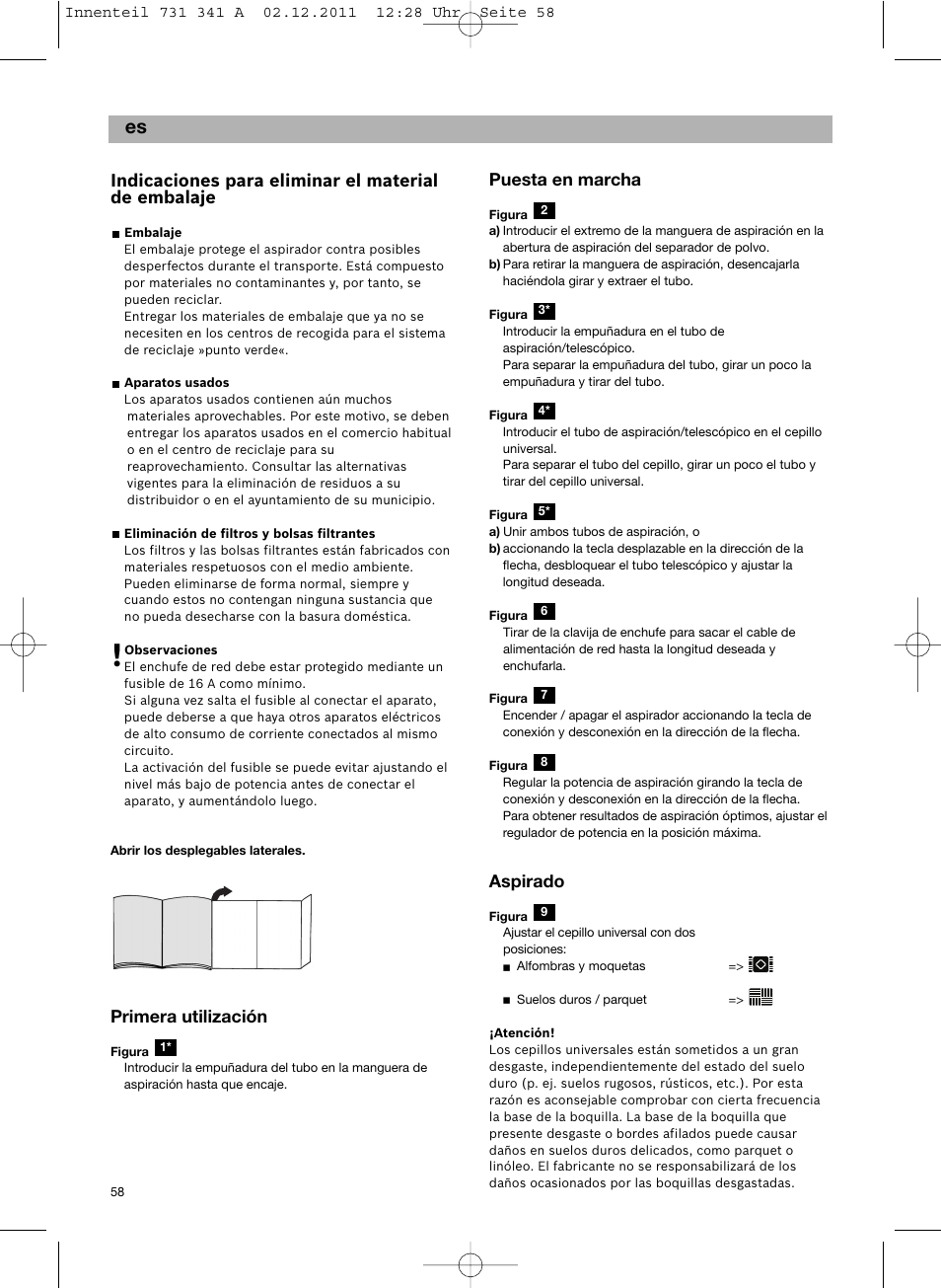 Indicaciones para eliminar el material de embalaje, Primera utilización, Puesta en marcha | Aspirado | Bosch BX12222 Aspiradores sin bolsa BX1 parquet 2200 W EAN 4242002688992 User Manual | Page 59 / 142