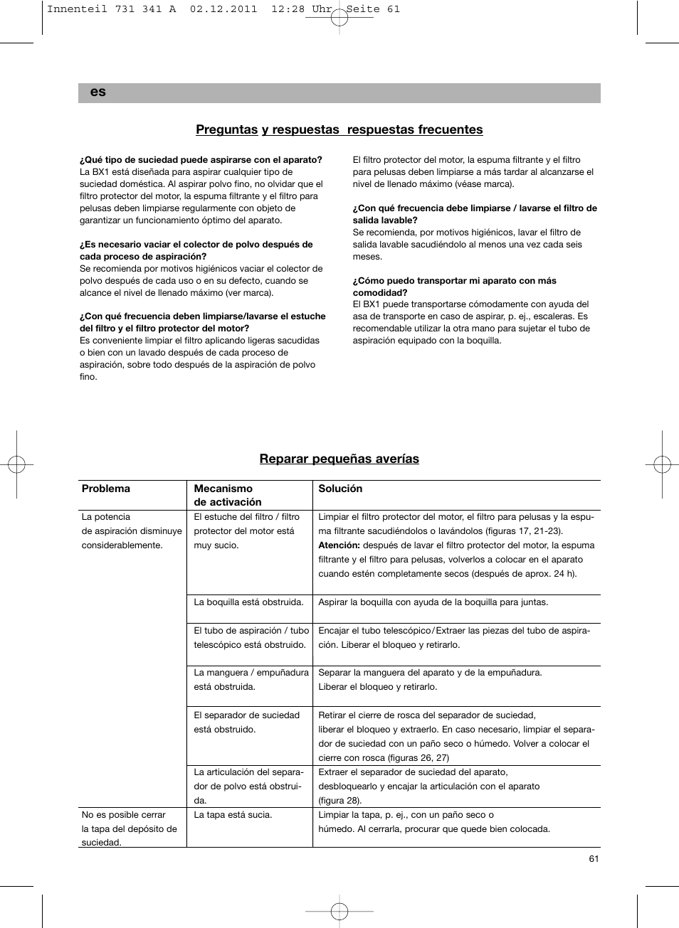 Preguntas y respuestas respuestas frecuentes, Reparar pequeñas averías | Bosch BX12222 Aspiradores sin bolsa BX1 parquet 2200 W EAN 4242002688992 User Manual | Page 62 / 142