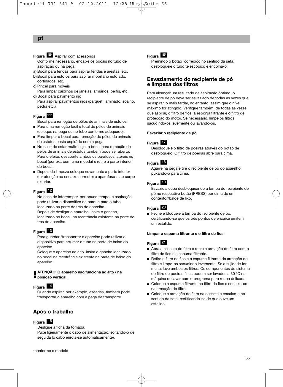 Após o trabalho | Bosch BX12222 Aspiradores sin bolsa BX1 parquet 2200 W EAN 4242002688992 User Manual | Page 66 / 142