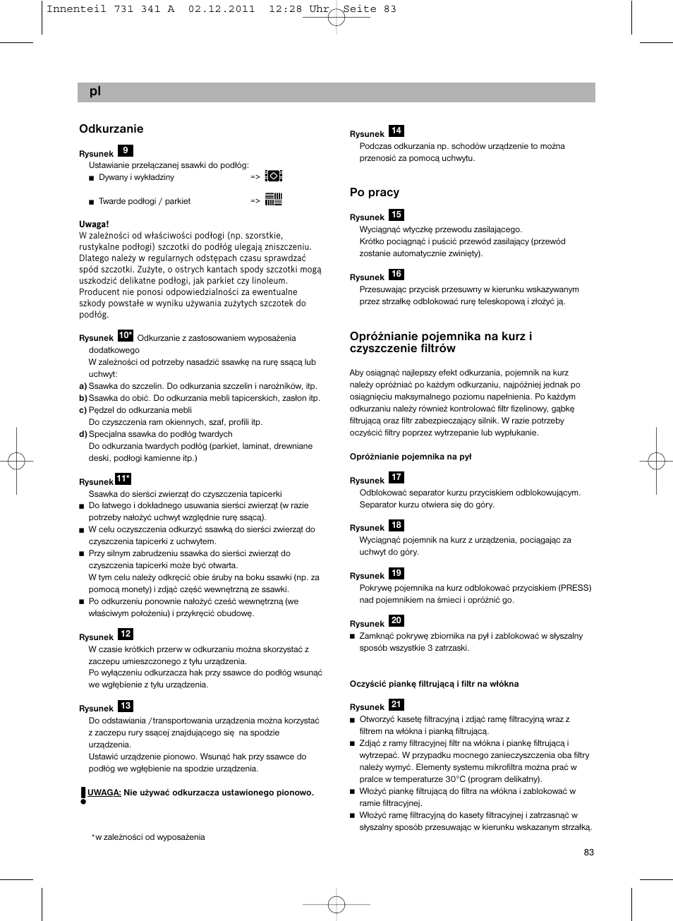 Odkurzanie, Po pracy | Bosch BX12222 Aspiradores sin bolsa BX1 parquet 2200 W EAN 4242002688992 User Manual | Page 84 / 142