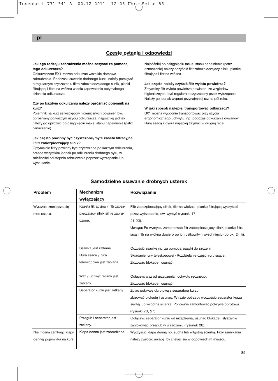 Częste pytania i odpowiedzi, Samodzielne usuwanie drobnych usterek | Bosch BX12222 Aspiradores sin bolsa BX1 parquet 2200 W EAN 4242002688992 User Manual | Page 86 / 142