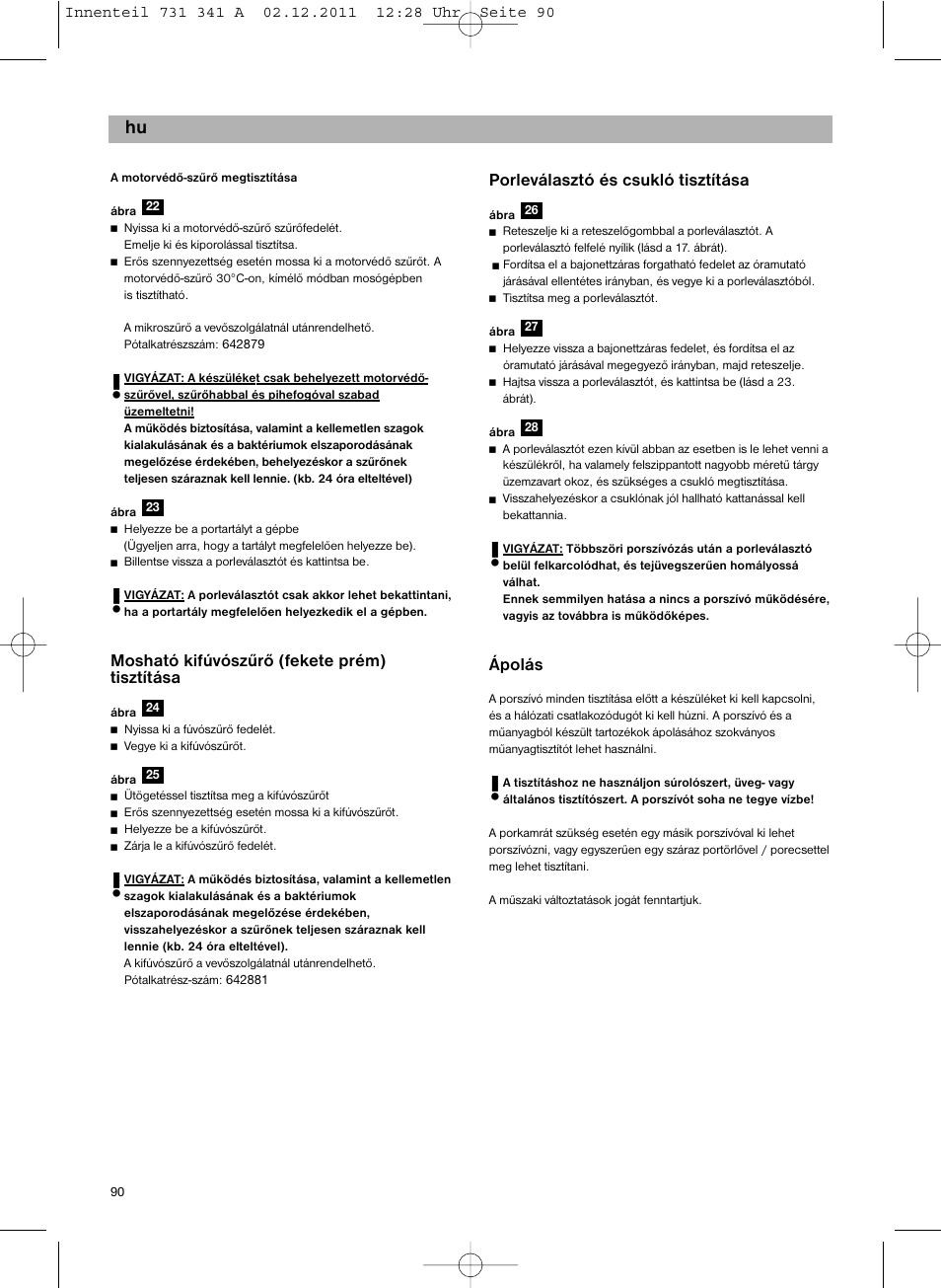 Mosható kifúvószűrő (fekete prém) tisztítása, Porleválasztó és csukló tisztítása, Ápolás | Bosch BX12222 Aspiradores sin bolsa BX1 parquet 2200 W EAN 4242002688992 User Manual | Page 91 / 142