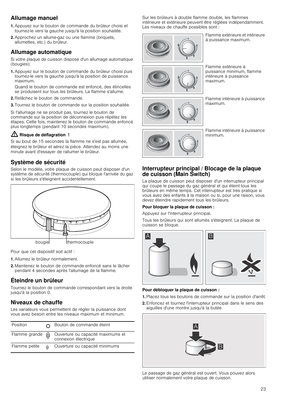 Allumage manuel, Allumage automatique, Relâchez le bouton de commande | Risque de déflagration, Système de sécurité, Allumez le brûleur normalement, Éteindre un brûleur, Niveaux de chauffe | Bosch PCR915B91E Placa de gas 90 cm de ancho Acero inoxidable EAN 4242002488707 User Manual | Page 23 / 44