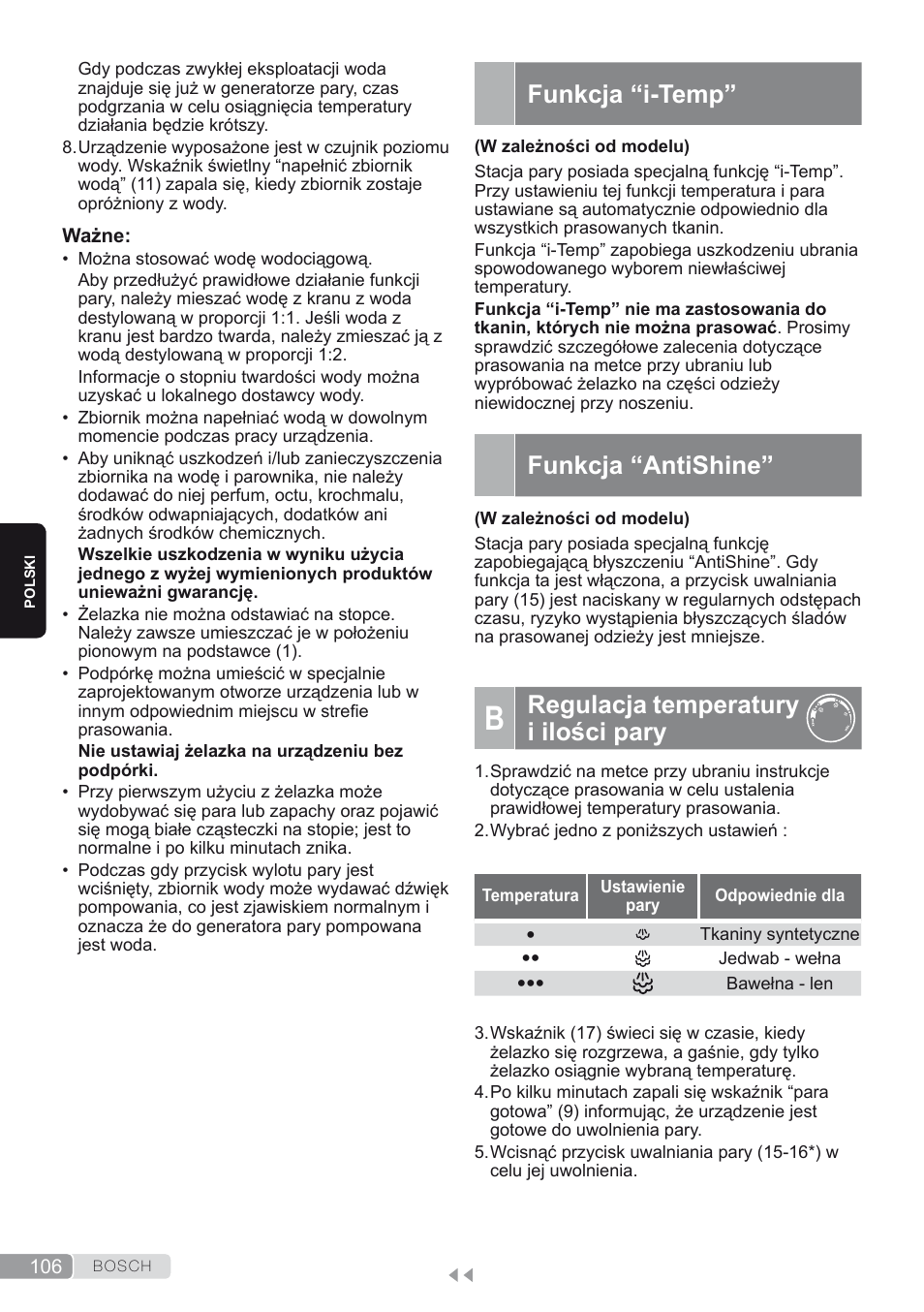 Funkcja “i-temp, Funkcja “antishine, B. regulacja temperatury i ilości pary | Regulacja temperatury i ilości pary | Bosch TDS2250 Centro de planchado Sensixx B22L EAN 4242002794440 User Manual | Page 106 / 150