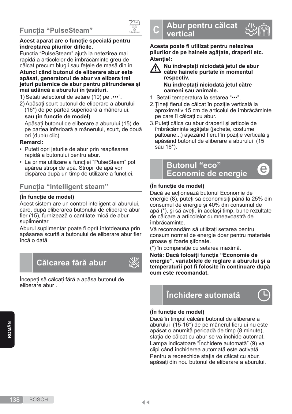 Funcţia “pulsesteam, Funcţia “intelligent steam, Călcarea fără abur | C. abur pentru călcat vertical, Butonul “eco” economie de energie, Închidere automată, Abur pentru călcat vertical | Bosch TDS2250 Centro de planchado Sensixx B22L EAN 4242002794440 User Manual | Page 138 / 150