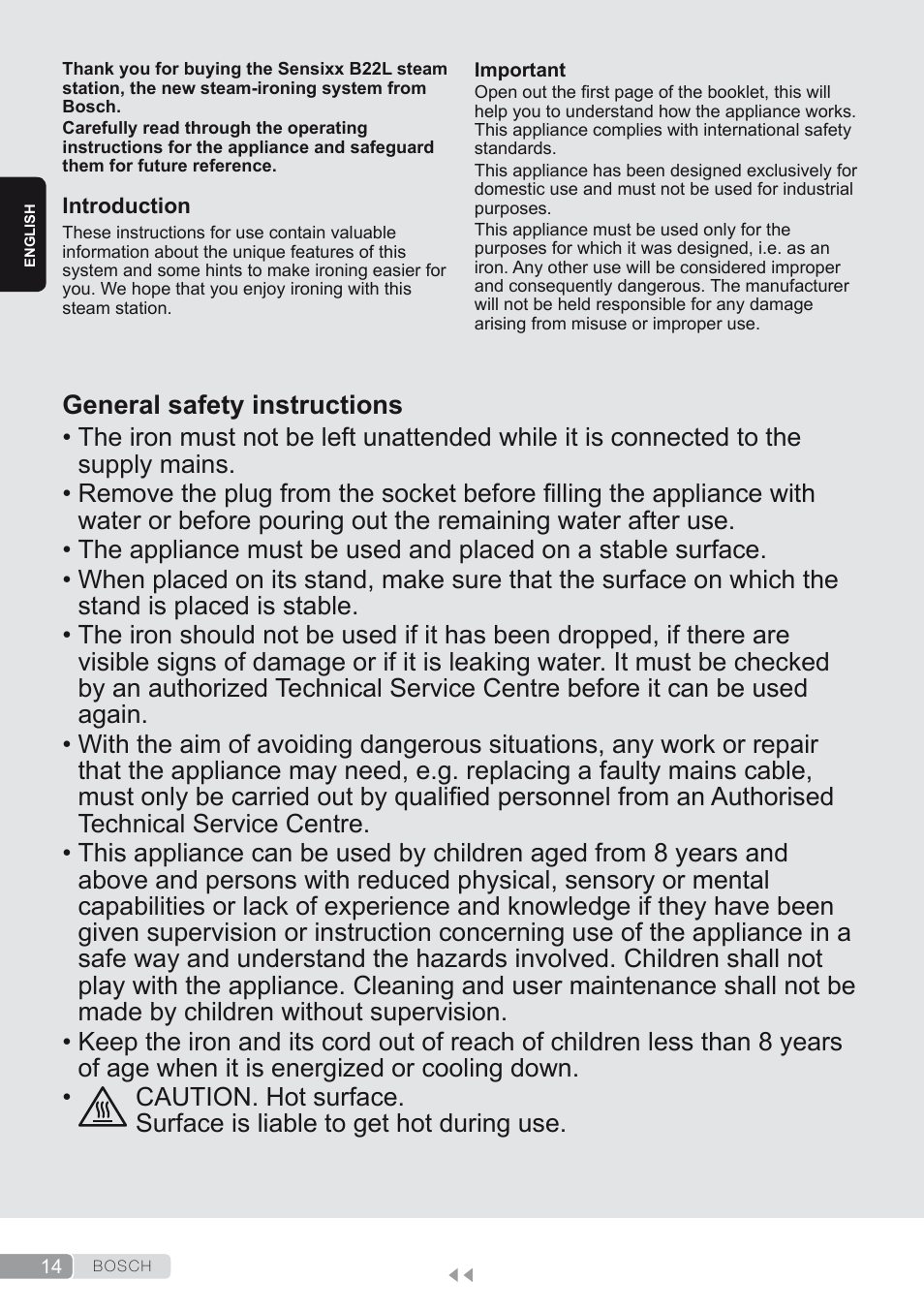 English, General safety instructions | Bosch TDS2250 Centro de planchado Sensixx B22L EAN 4242002794440 User Manual | Page 14 / 150