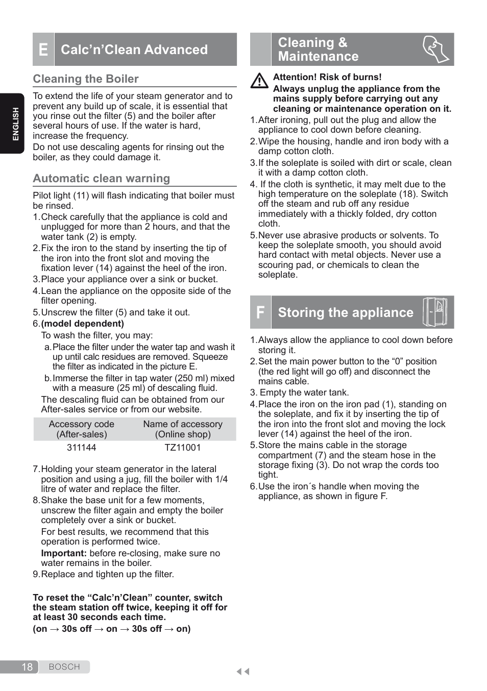 E. calc’n’clean advanced, Cleaning the boiler, Automatic clean warning | Cleaning & maintenance, F. storing the appliance, Storing the appliance, Calc’n’clean advanced | Bosch TDS2250 Centro de planchado Sensixx B22L EAN 4242002794440 User Manual | Page 18 / 150