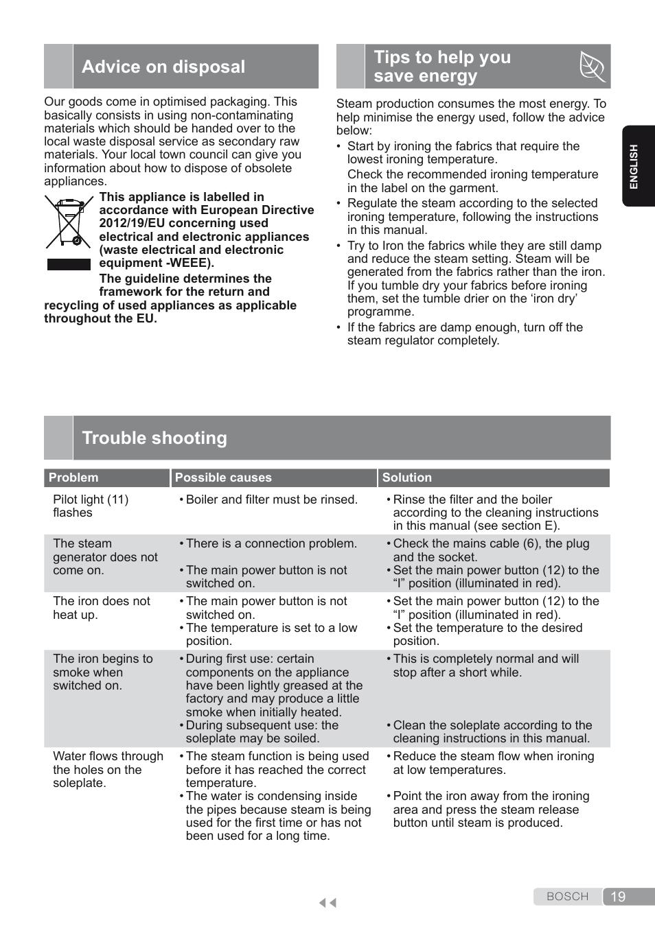 Advice on disposal, Tips to help you save energy, Trouble shooting | Bosch TDS2250 Centro de planchado Sensixx B22L EAN 4242002794440 User Manual | Page 19 / 150