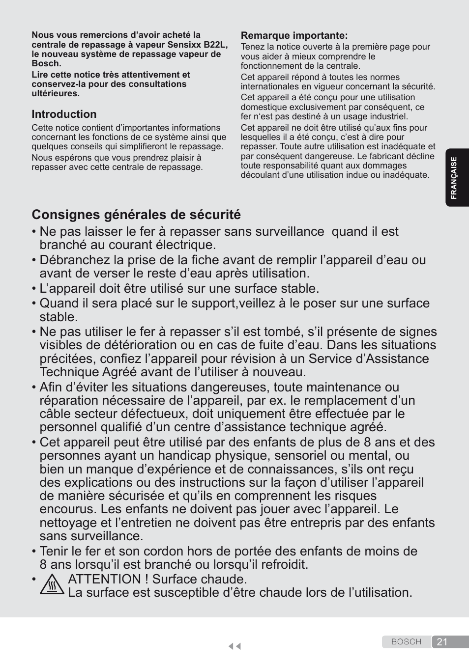 Française, Consignes générales de sécurité | Bosch TDS2250 Centro de planchado Sensixx B22L EAN 4242002794440 User Manual | Page 21 / 150