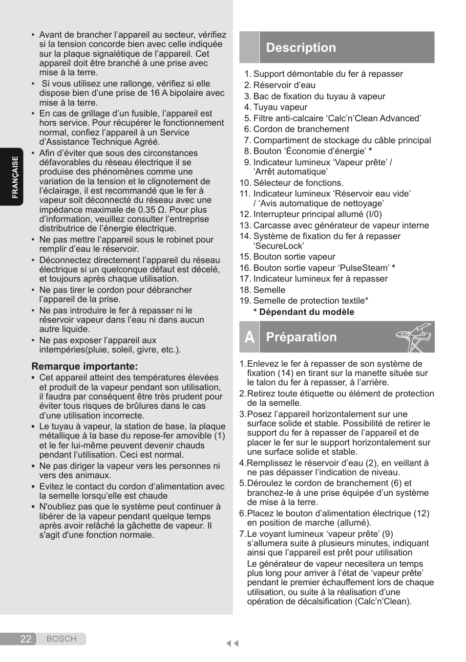 Description, A. préparation, Préparation | Bosch TDS2250 Centro de planchado Sensixx B22L EAN 4242002794440 User Manual | Page 22 / 150