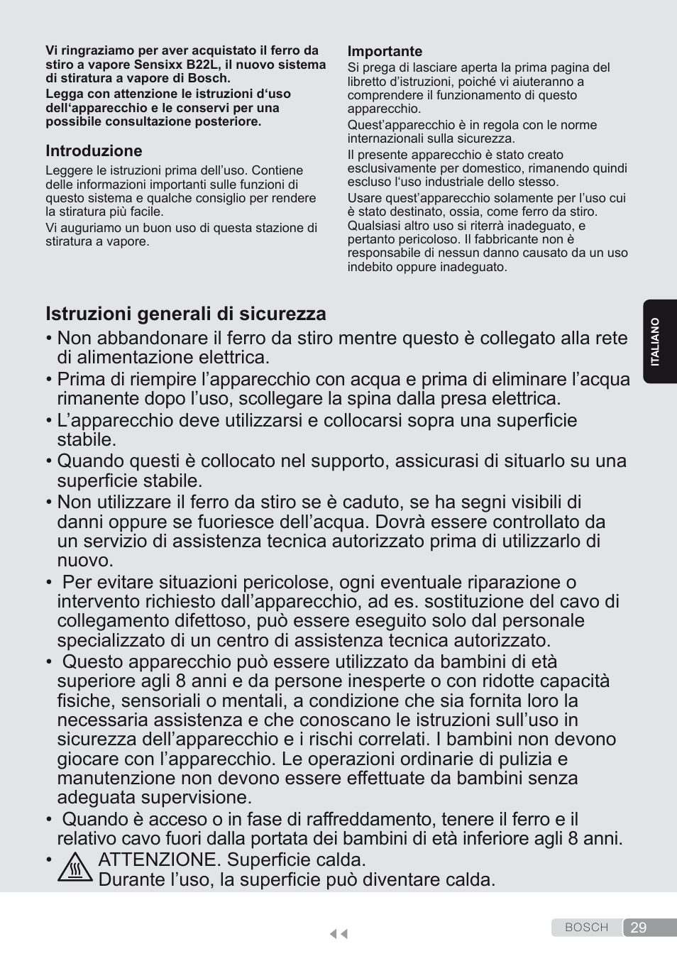 Italiano, Istruzioni generali di sicurezza | Bosch TDS2250 Centro de planchado Sensixx B22L EAN 4242002794440 User Manual | Page 29 / 150