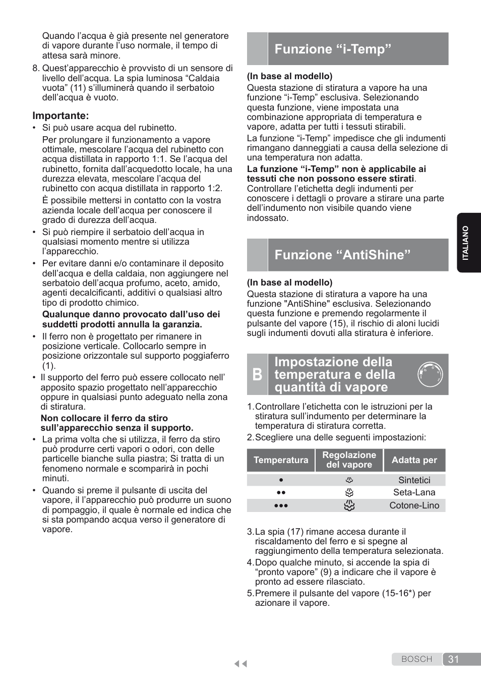 Funzione “i-temp, Funzione “antishine | Bosch TDS2250 Centro de planchado Sensixx B22L EAN 4242002794440 User Manual | Page 31 / 150