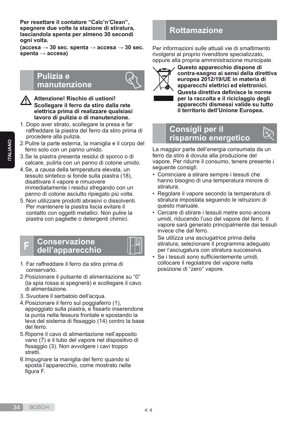 Pulizia e manutenzione, Conservazione dell’apparecchio, Rottamazione | Consigli per il risparmio energetico | Bosch TDS2250 Centro de planchado Sensixx B22L EAN 4242002794440 User Manual | Page 34 / 150