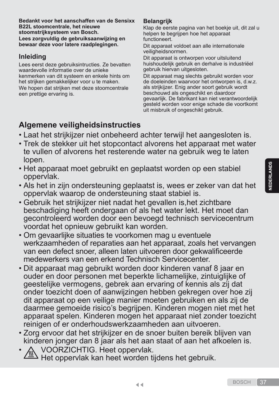 Nederlands, Algemene veiligheidsinstructies | Bosch TDS2250 Centro de planchado Sensixx B22L EAN 4242002794440 User Manual | Page 37 / 150