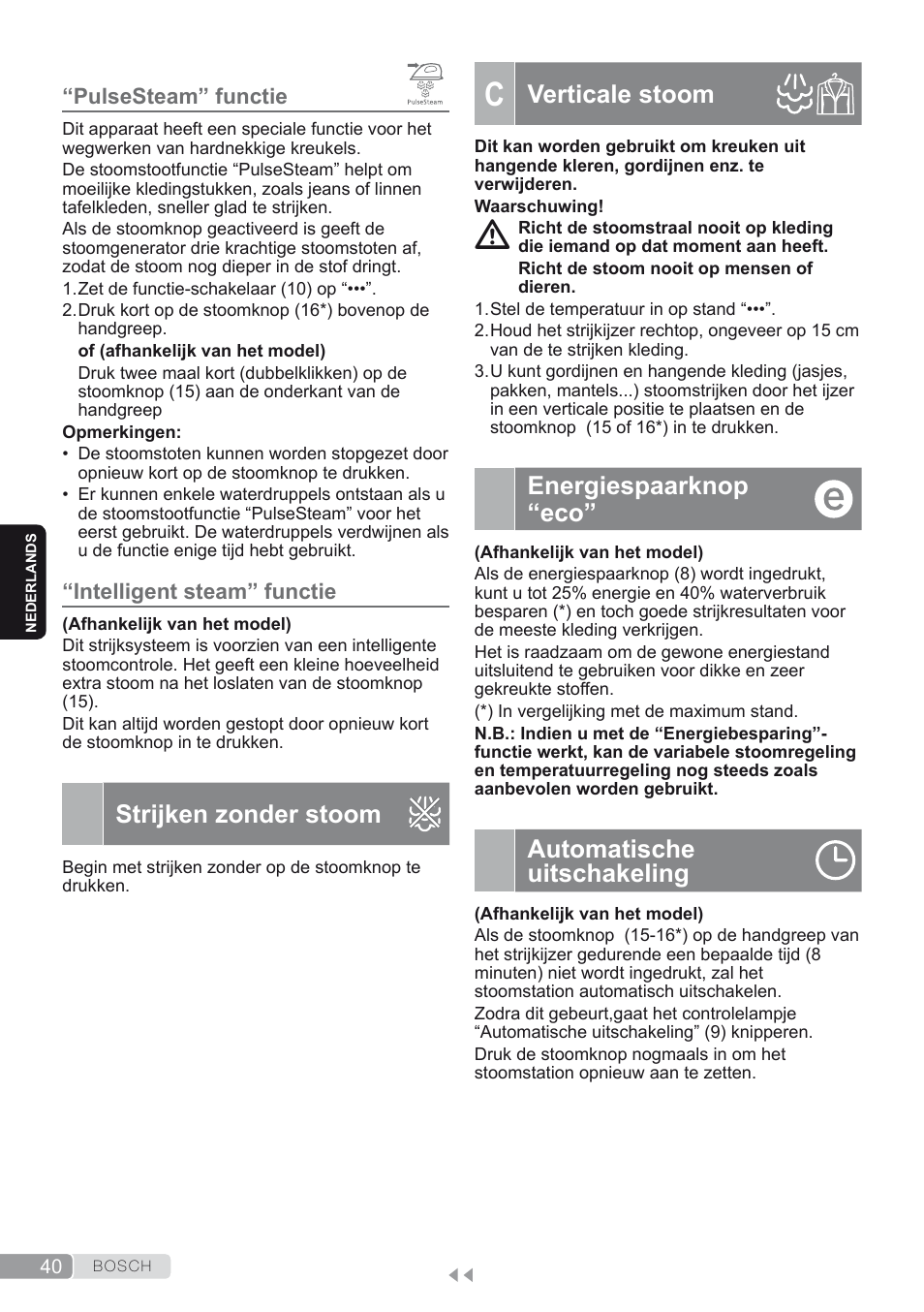 Pulsesteam” functie, Intelligent steam” functie, Strijken zonder stoom | C. verticale stoom, Energiespaarknop “eco, Automatische uitschakeling, Verticale stoom | Bosch TDS2250 Centro de planchado Sensixx B22L EAN 4242002794440 User Manual | Page 40 / 150