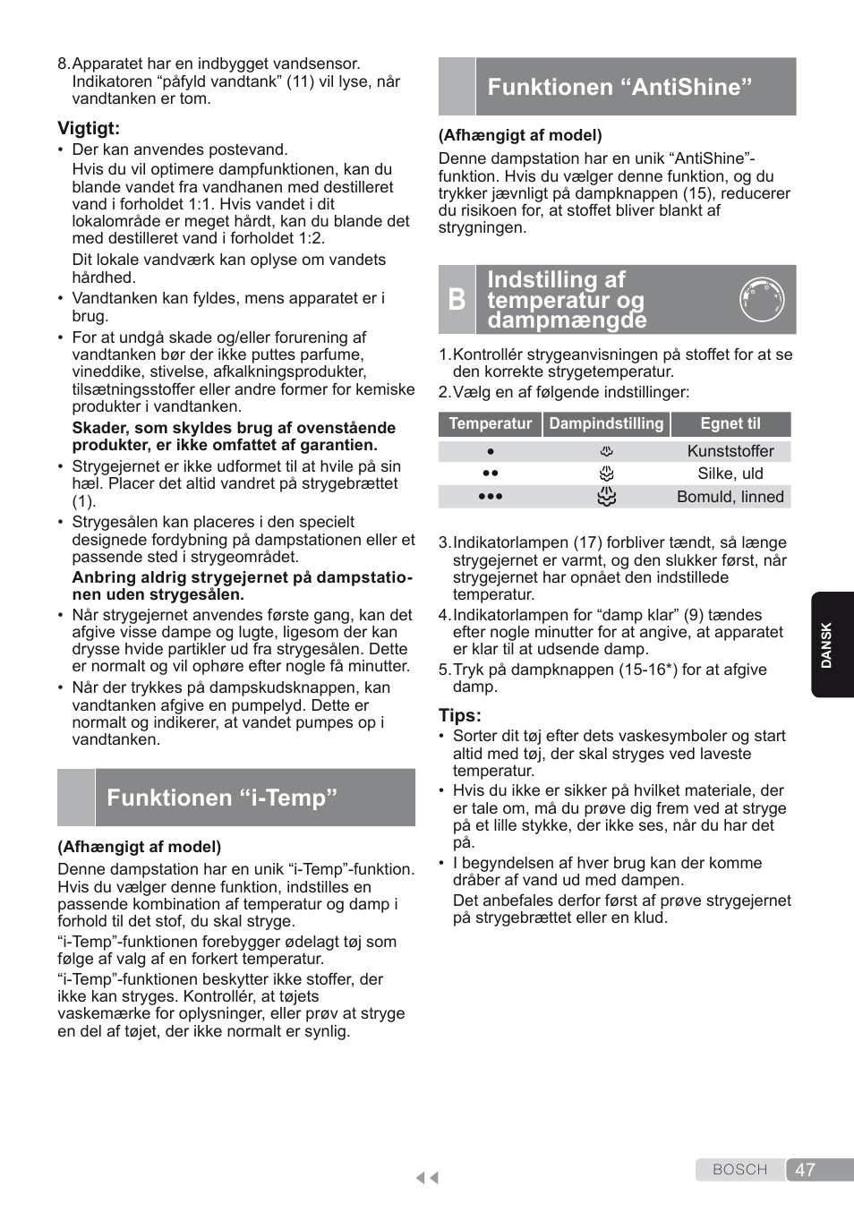 Funktionen “i-temp, Funktionen “antishine, B. indstilling af temperatur og dampmængde | Indstilling af temperatur og dampmængde | Bosch TDS2250 Centro de planchado Sensixx B22L EAN 4242002794440 User Manual | Page 47 / 150