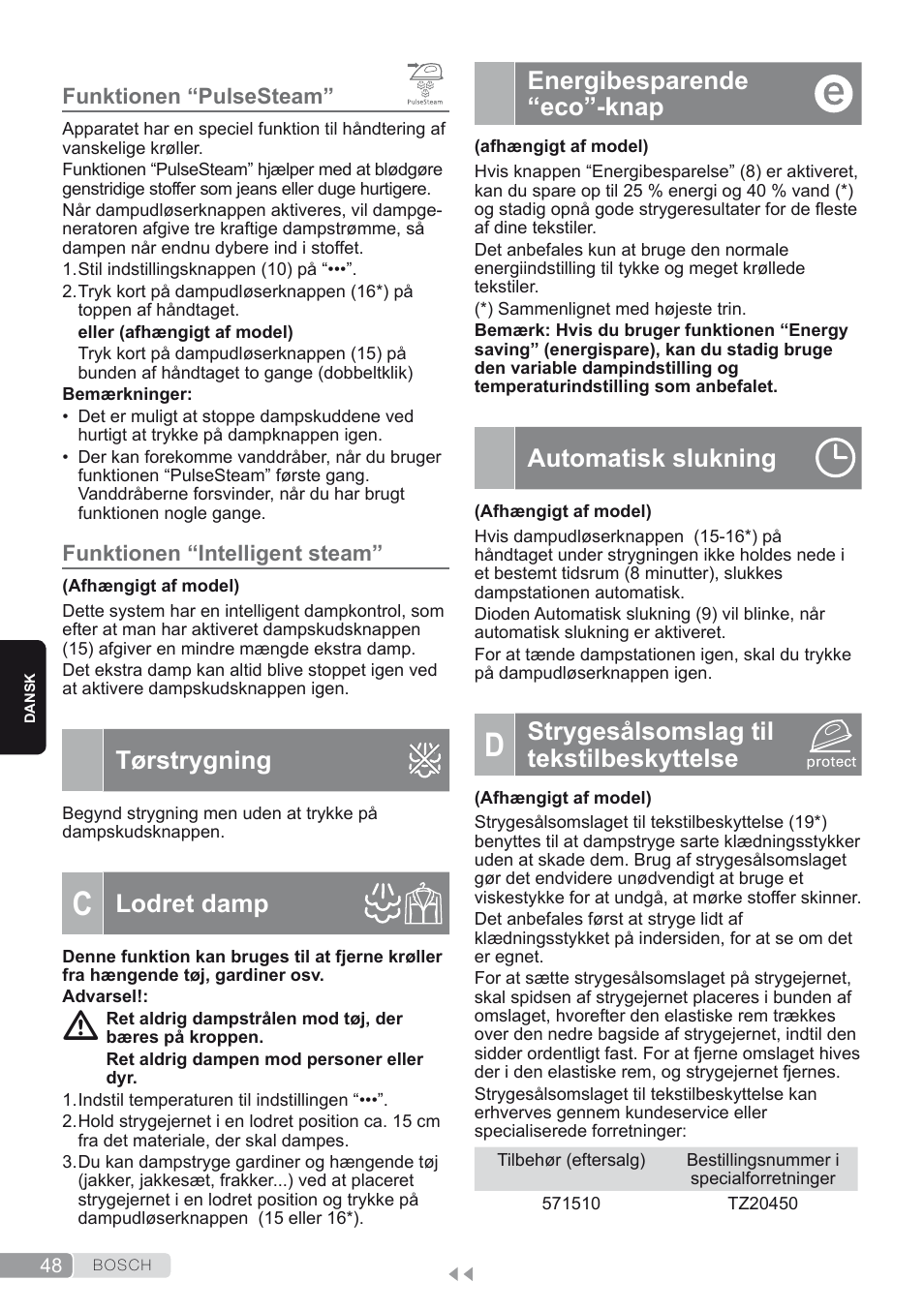 Funktionen “pulsesteam, Funktionen “intelligent steam, Tørstrygning | C. lodret damp, Energibesparende “eco”-knap, Automatisk slukning, D. strygesålsomslag til tekstilbeskyttelse, Lodret damp, Strygesålsomslag til tekstilbeskyttelse | Bosch TDS2250 Centro de planchado Sensixx B22L EAN 4242002794440 User Manual | Page 48 / 150