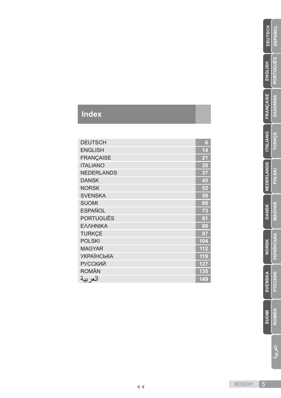 Index, ةيبرعلا | Bosch TDS2250 Centro de planchado Sensixx B22L EAN 4242002794440 User Manual | Page 5 / 150