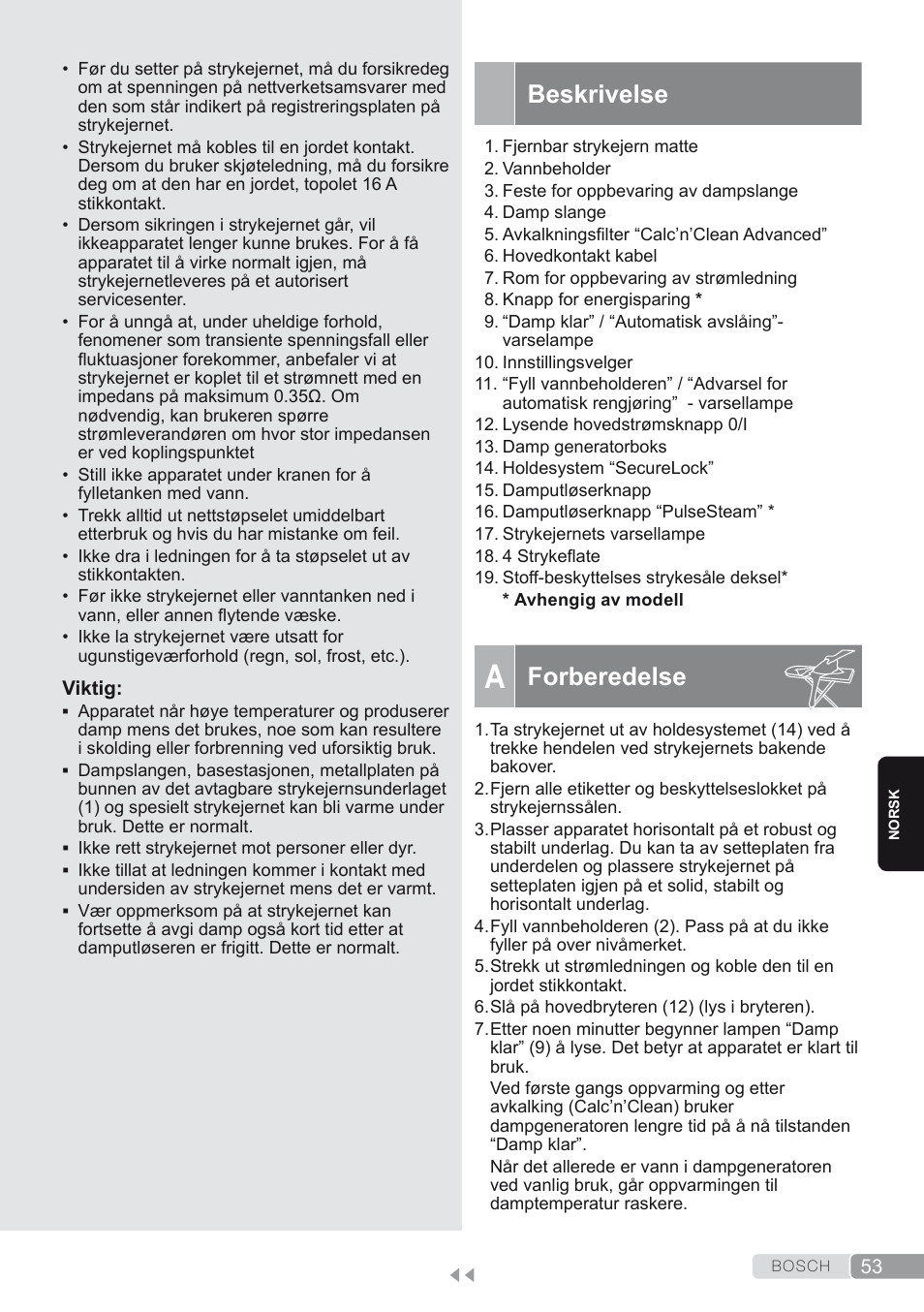 Beskrivelse, A. forberedelse, Forberedelse | Bosch TDS2250 Centro de planchado Sensixx B22L EAN 4242002794440 User Manual | Page 53 / 150