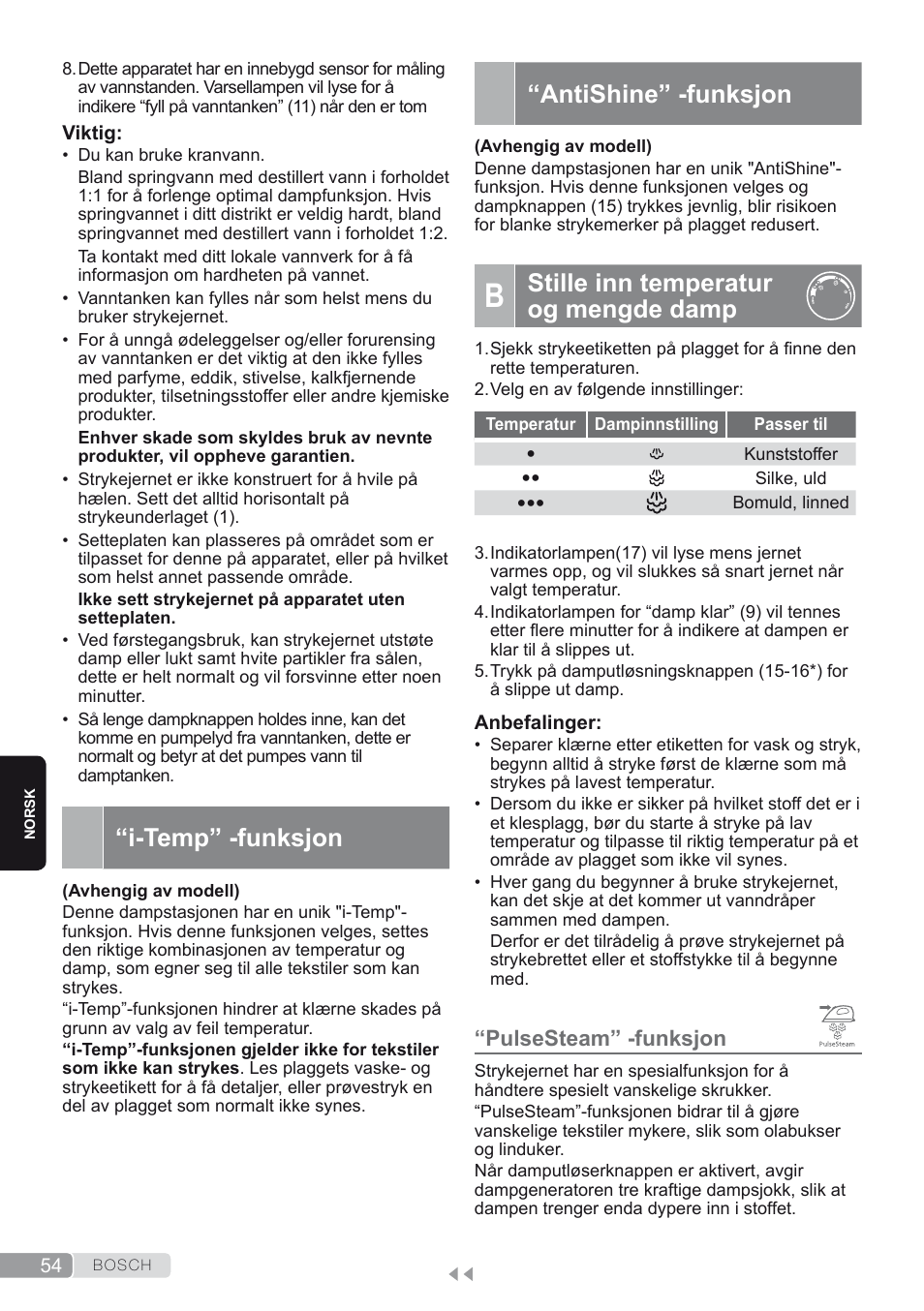 I-temp” -funksjon, Antishine” -funksjon, B. stille inn temperatur og mengde damp | Pulsesteam” -funksjon, Stille inn temperatur og mengde damp | Bosch TDS2250 Centro de planchado Sensixx B22L EAN 4242002794440 User Manual | Page 54 / 150