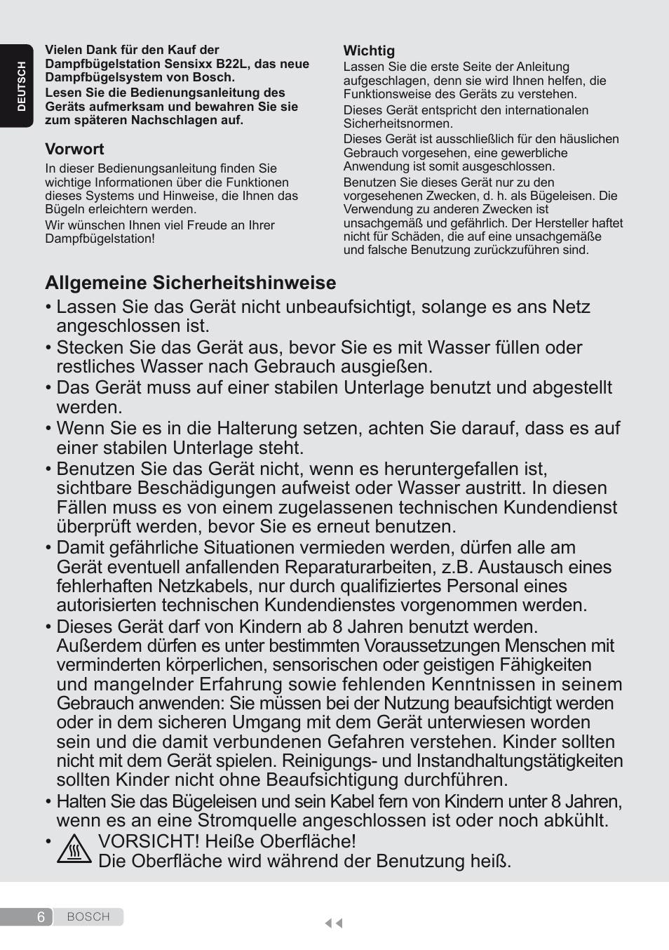 Deutsch, Allgemeine sicherheitshinweise | Bosch TDS2250 Centro de planchado Sensixx B22L EAN 4242002794440 User Manual | Page 6 / 150