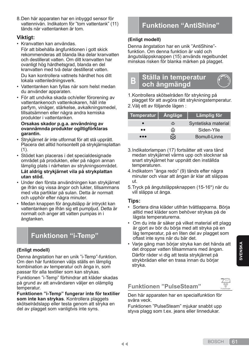Funktionen “i-temp, Funktionen “antishine, B. ställa in temperatur och ångmängd | Funktionen ”pulsesteam, Ställa in temperatur och ångmängd | Bosch TDS2250 Centro de planchado Sensixx B22L EAN 4242002794440 User Manual | Page 61 / 150