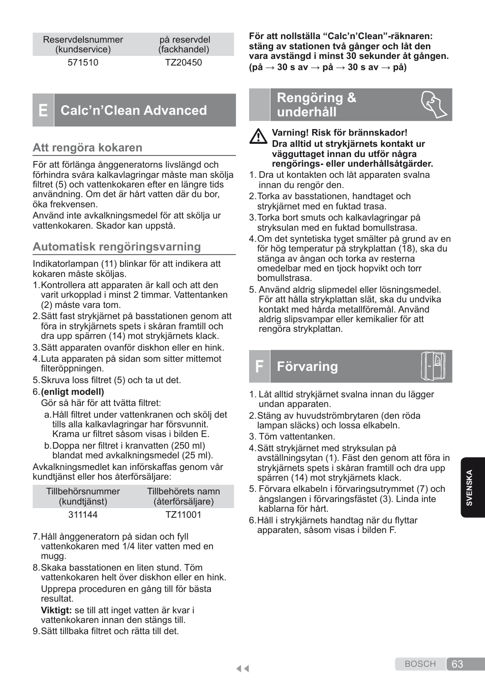 E. calc’n’clean advanced, Att rengöra kokaren, Automatisk rengöringsvarning | Rengöring & underhåll, F. förvaring, Förvaring, Calc’n’clean advanced | Bosch TDS2250 Centro de planchado Sensixx B22L EAN 4242002794440 User Manual | Page 63 / 150